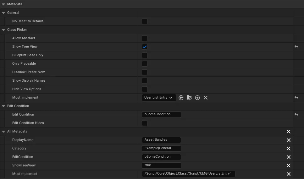 All metadata available for a class picker property.